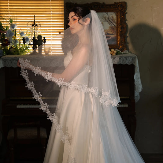 V535 Luxury Bride Headwear White Double Layer Lace Train Wedding Photography Ceremony Bridal Veil Wedding Dress Accessory