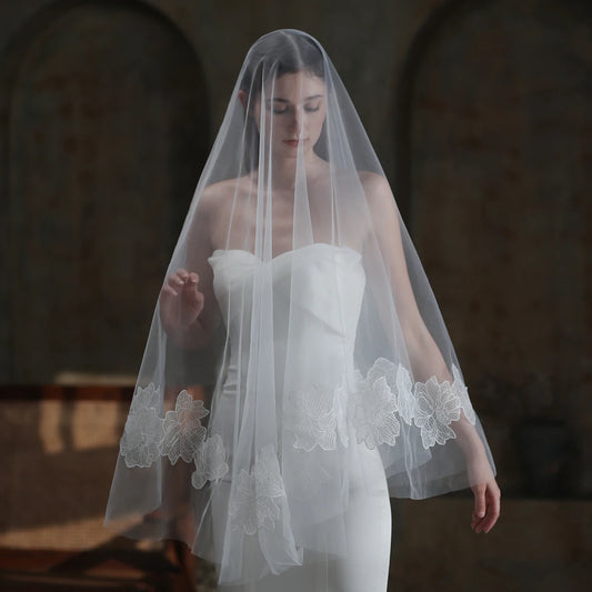 V855 Elegant Wedding Bridal White Lace Veil One-Layer Tulle Appliqued Brides Covering Face Headdress Veil