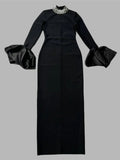 2024 Elegant Women's Black Maxi Dress Stand up Neck Flare Sleeves Bodycon Bandage Long Dresses Cocktail Evening Party Vestidos Black 1