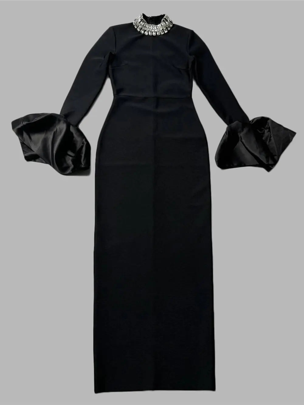 2024 Elegant Women's Black Maxi Dress Stand up Neck Flare Sleeves Bodycon Bandage Long Dresses Cocktail Evening Party Vestidos Black 1