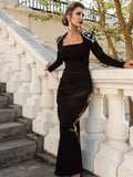 2024 Elegant Women Light Luxury Diamond Design Bandage Dress Square Neck Long Sleeve Bodycon Long Dress Christmas Party Vestidos