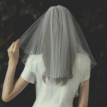 V720 Wedding Bridal Handmade Veil Two-Layer Tulle Crystal Beading White Shoulder Brides to Be Veil for Wedding Dress