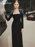 2024 Elegant Women Light Luxury Diamond Design Bandage Dress Square Neck Long Sleeve Bodycon Long Dress Christmas Party Vestidos