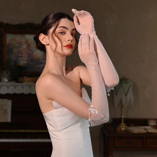 WG213 Long White Lace Bellflower Wedding Gloves for Bridesmaid Evening Dresses Accessories Thin Veil Floral Design