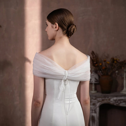 V323 Elegant Bridal Wedding Dress Wraps Soft Tulle Ribbon Crystal Clip White Brides Shawl Women Marriage Accessories
