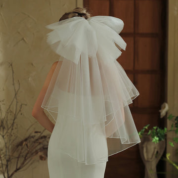 V381 Large Bow Bridal Veil Super Elegant Double Layer Stitched Wedding Dress Photo Props Headwear Comb Style