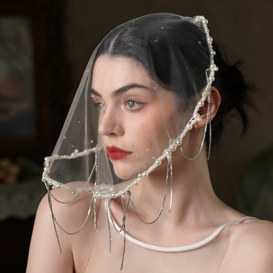 V513 Unique Bridal Headwear Handmade Beaded Tassel High-Transparency Waterdrop Veil for Wedding Dresses Photography Accessories