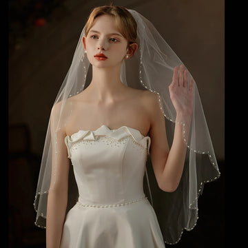V737 Exquisite Bridal Veil for Wedding Dress One-Layer Handmade Beading Edge White Brides to Be Headdress Veil