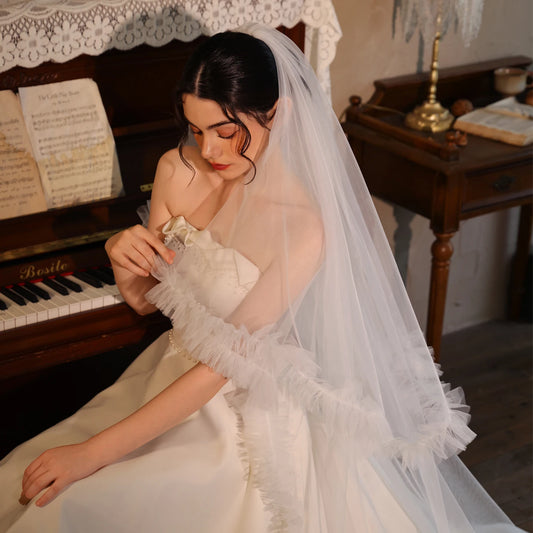 V526 Double Layer Bridal Veil Long Train Wedding Headpiece Folded Edge Outdoor Ceremony Main Dress Accessory