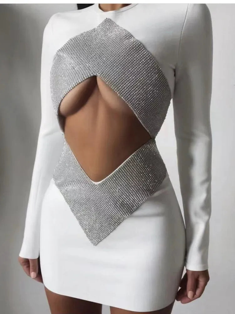 2022 New Autumn Rayon Bandage Women Long Sleeve Sexy Holes Bodycon Mini Dress Celebrate Fashion Nightclub Party Outfit Vestido