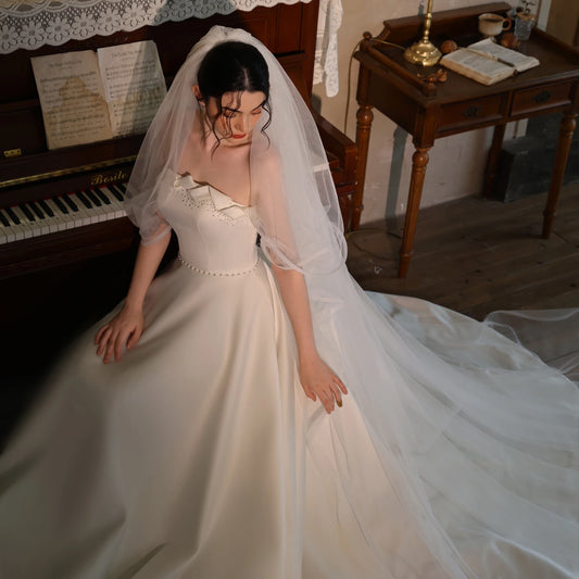V531 French Edge Bridal Veil Long Double Layer Wedding Dress Train Wedding Dress Headpiece Cover Face Ceremony Headwear