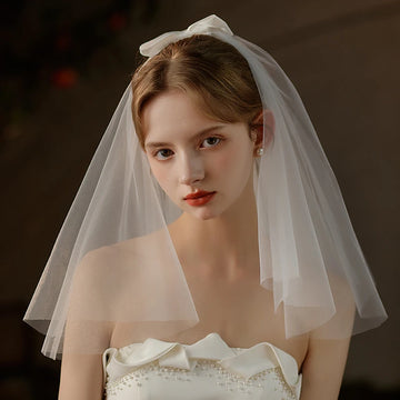 V740 Wedding Bridal Short Veil Two-Layer Tulle Satin Bow White Shoulder Handmade Brides to Be Women Headdress Veil