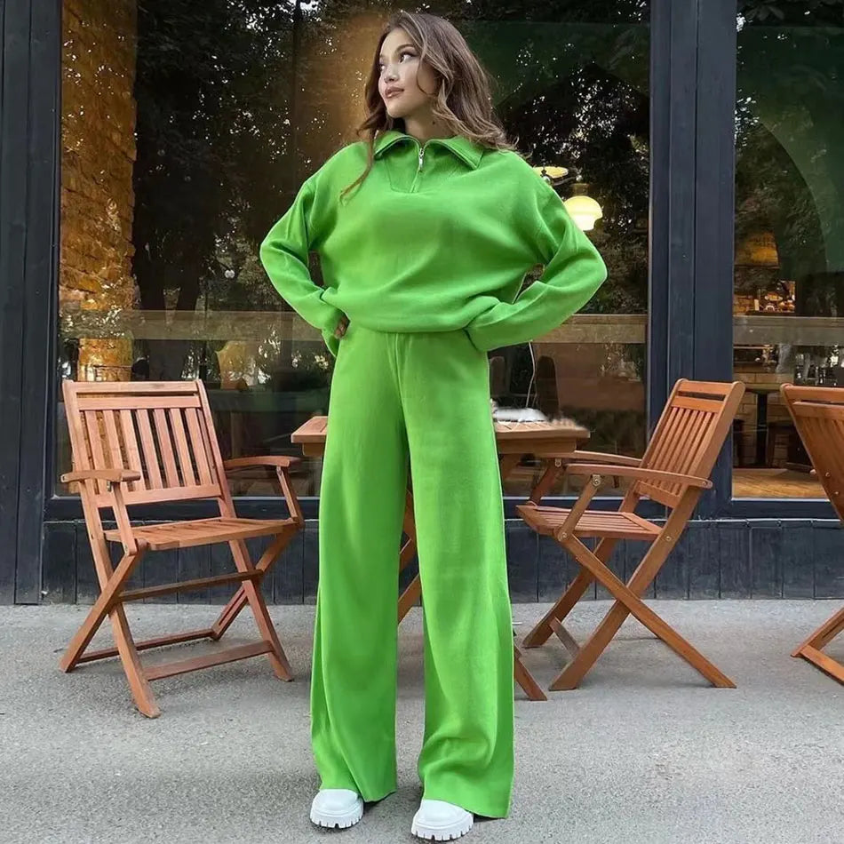 2024 Casual Autumn Loose Knit Sweater Set Fashion Zip Lapel Long Sleeve Pullover Sweater & Straight Pants Two-piece Set