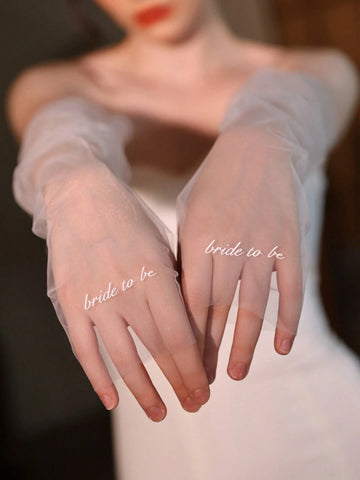 WG221-2bride to be Personalized Heat-Pressed Letter Wedding Dress Sleeve Covers Long White Tulle Gloves for Brides Evening