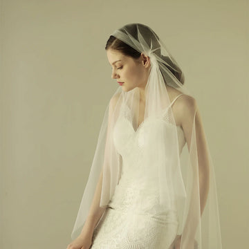 V604 Simple Wedding Bridal Veil One-Layer Soft Tulle Wrapped Head Hairpin Fingertip White Brides to Be Headdress Veil