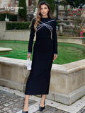 2024 Elegant Women Light Luxury Diamond Set Bandage Dress with Stand Collar Long Sleeve Bodycon Long Dress Evening Party Vestido black