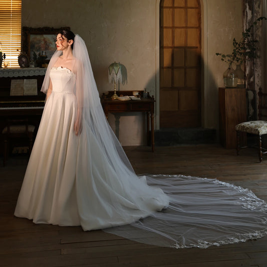 V536 Luxury Lace Bridal Gown Long Train Wedding Dress Outdoor Travel Photography Face Covering Veil Accessory for Brides