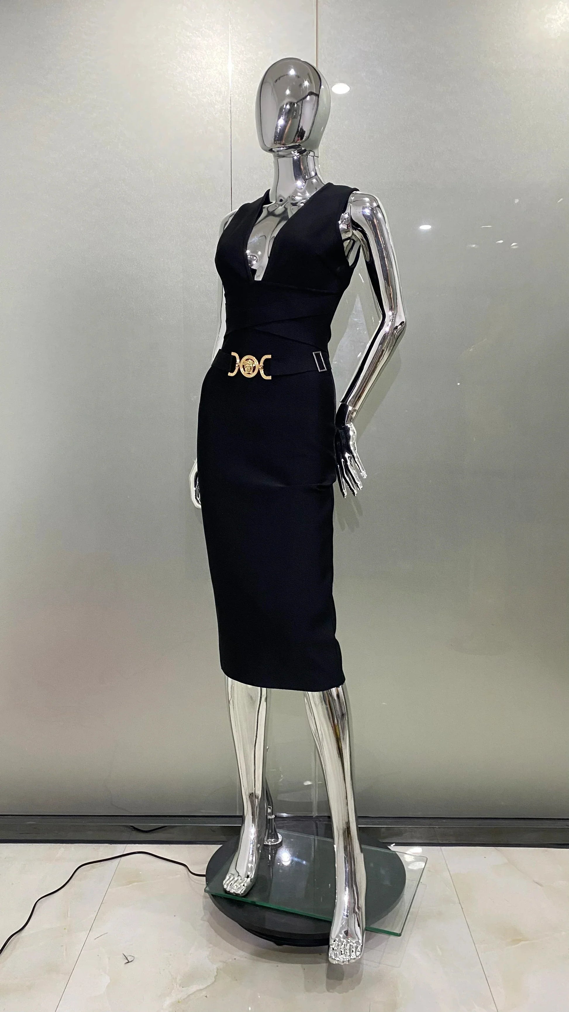 2024 Fashion Diamond Girdle Sleeveless Package Hips Midi Calf Bandage Dress Elegant Woman Evening Dress Celebrity Party Vestido