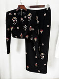 2024 Elegant Women's Light Luxury Nail Bead Short Skirt Set O-neck Long Sleeve Ultra Short Top+Mini Skirt Two piece Set Black Long