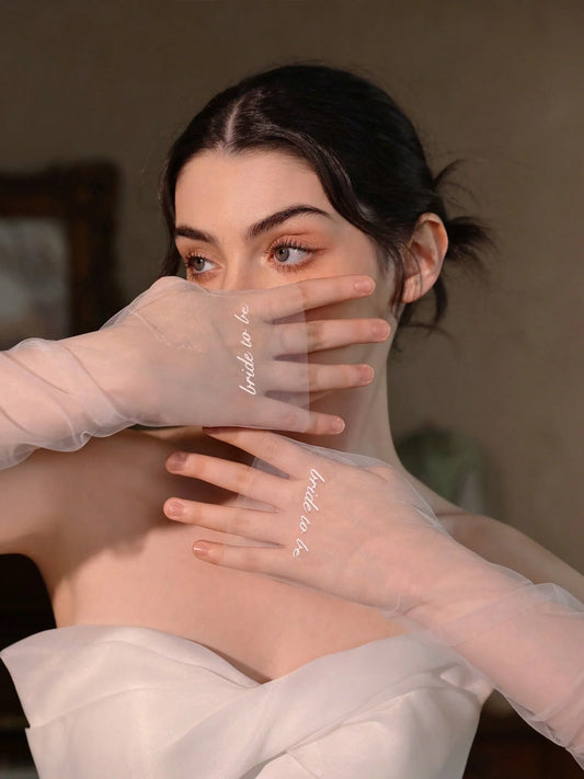 WG221-2bride to be Personalized Heat-Pressed Letter Wedding Dress Sleeve Covers Long White Tulle Gloves for Brides Evening