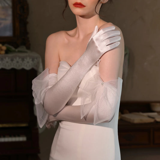 WG217 Elegant Long Satin Wedding Gloves Fairy Tale White Mesh Butterfly Accessory for Bridal Gowns Evening Dresses