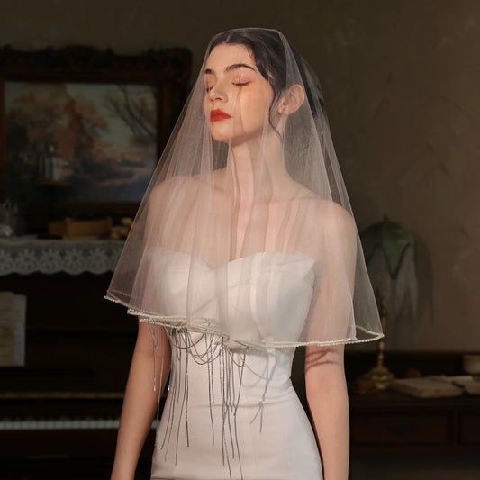 V519 Bridal Veil High Transparency White Short Tassel Metal Edge No Comb Face Covering Wedding Dress Accessory Headwear