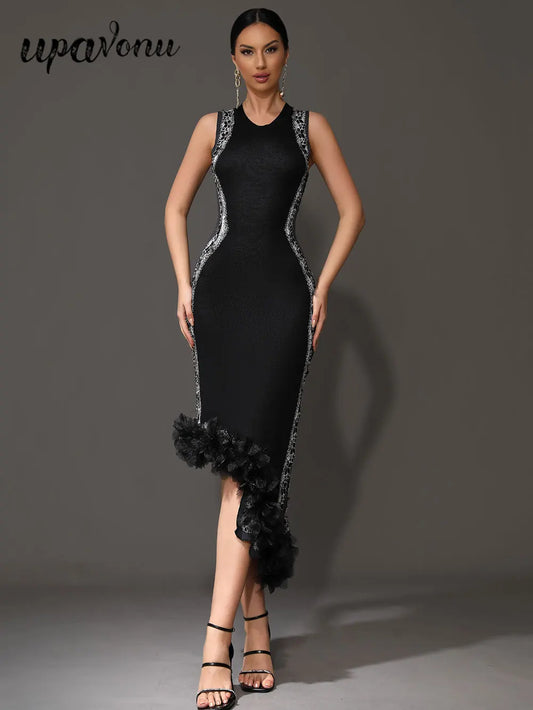 2024 Chic Women Heavy Industry Embroidery Patchwork Bandage Dress O-neck Sleeveless Bodycon Asymmetric Midi Dress Party Vestidos