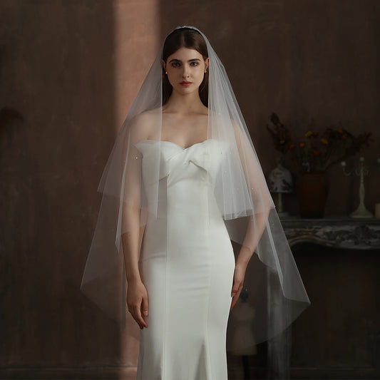 V308 Elegant Wedding Bridal Handmade Veil Two-Layer Soft Tulle Crystal Beading White Long Brides to Be Headdress Veil