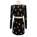 2024 Elegant Women's Light Luxury Nail Bead Short Skirt Set O-neck Long Sleeve Ultra Short Top+Mini Skirt Two piece Set black