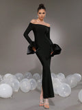 2024 Elegant Women's Black Maxi Dress Stand up Neck Flare Sleeves Bodycon Bandage Long Dresses Cocktail Evening Party Vestidos Black 2