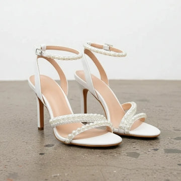 Women’s Pearl Ankle Strap Gladiator Sandals Sexy White High Heel Wedding Shoes Open Toe Evening Prom Banquet Party Pumps