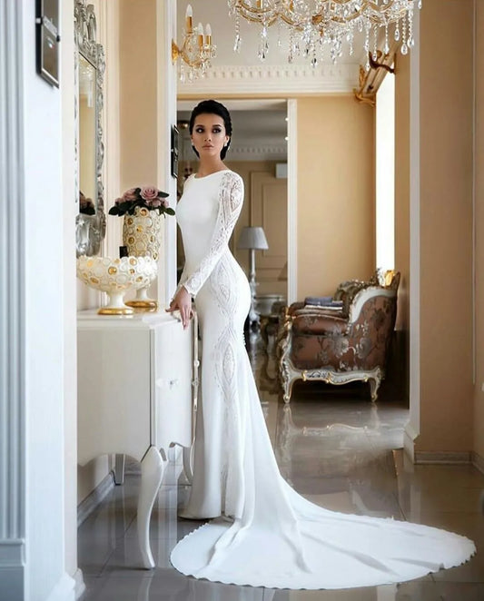 Sexy Mermaid Wedding Dresses Jewel Neck Long Sleeves Lace Appliques Crystal Bead Illusion Satin Court Train Formal Bridal Gowns