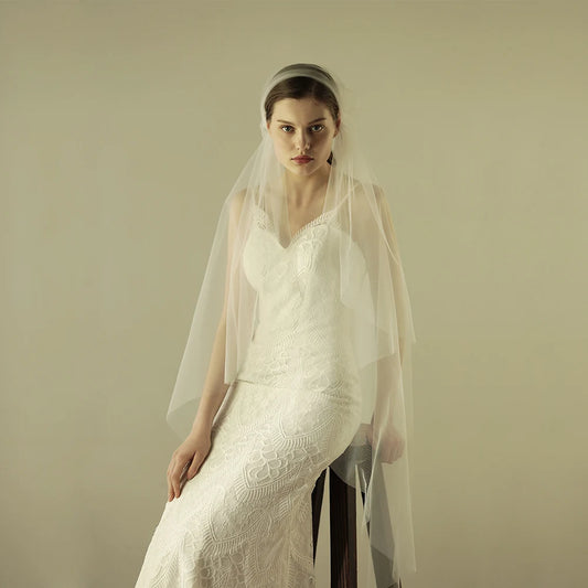 V604 Simple Wedding Bridal Veil One-Layer Soft Tulle Wrapped Head Hairpin Fingertip White Brides to Be Headdress Veil