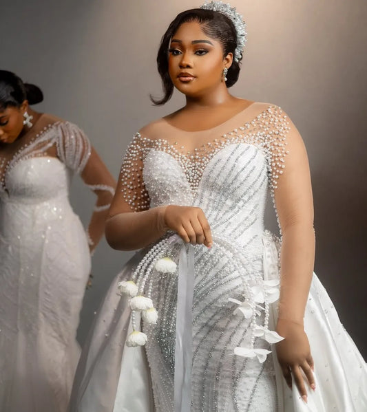 New Mermaid Wedding Dress O-neck Illusion Long Sleeves Pearls Detachable Train Bridal Bride Grown African Vestidos De Noiva