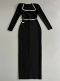 2024 Elegant Women Dress Light Luxury Diamond Design Bandage Dress Square Neck Long Sleeve Bodycon Christmas Red Dress Vestidos black