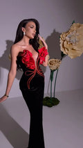 2024 New Fashion Red Florals Women Sexy Strapless Off the Shoulder Bodycon Bandage Long Dress Nightclub Party Celebrate Dress