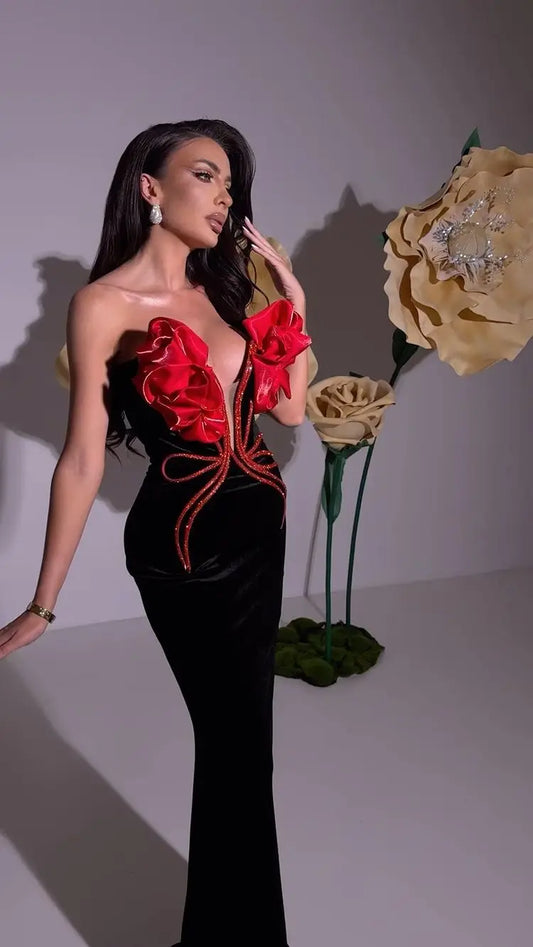 2024 New Fashion Red Florals Women Sexy Strapless Off the Shoulder Bodycon Bandage Long Dress Nightclub Party Celebrate Dress