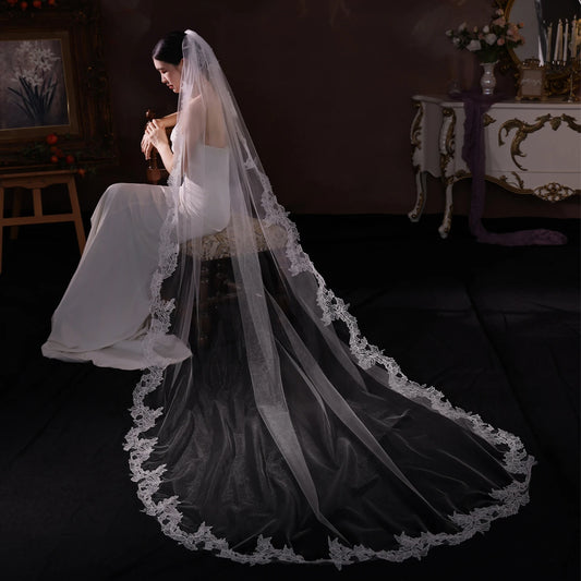 V543 Bridal Headpiece Long Lace Trim Single Layer Wedding Dress Accessory for Engagement Photoshoots And Outdoor Ceremonies