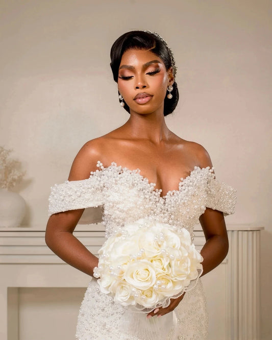 Luxury Mermaid Wedding Dress 2026 Off the Shoulder Pearls Beads Tier Ruffles Train Bridal Bride Grown Arabic Vestidos De Noiva