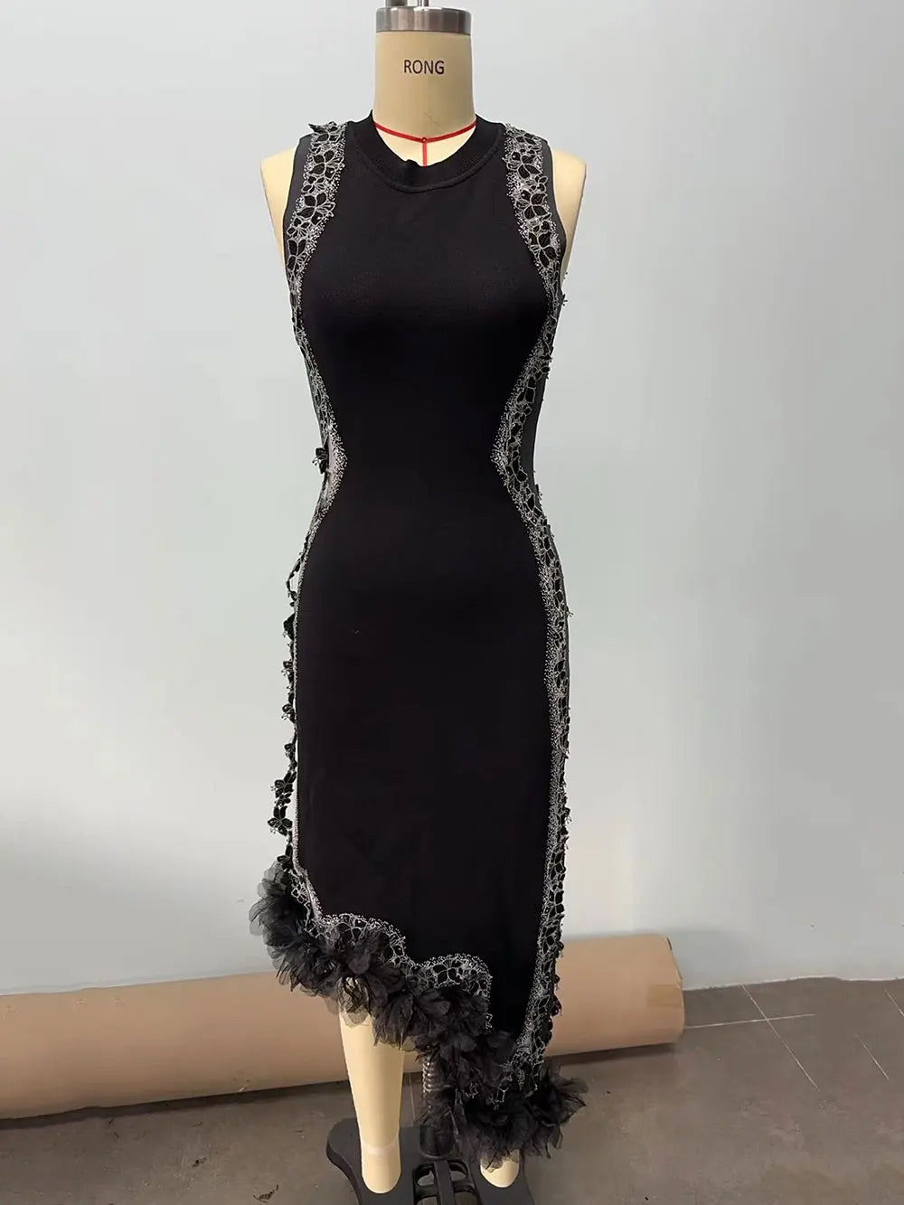 2024 Chic Women Heavy Industry Embroidery Patchwork Bandage Dress O-neck Sleeveless Bodycon Asymmetric Midi Dress Party Vestidos
