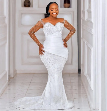 Aso Ebi Mermaid Wedding Dress Sheer Neck Sparkly Beads Crystals Beads Bridal Bride Grown Vestidos De Noiva