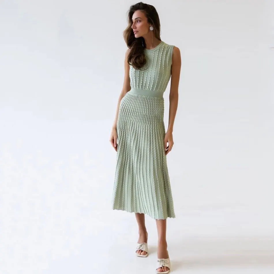 2024 Listing Elegant Striped Knit Dress Women O-neck Sleeveless A-line Dresses Club Evening Party Midi Vestido