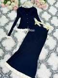 2024 Knitted Long Skirt Set Long sleeved Wooden Ear Edge Single breasted Cardigan Knitted Coat+High Waist Skirt Two piece Set Navy Blue