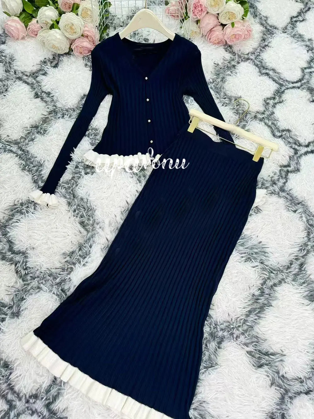2024 Knitted Long Skirt Set Long sleeved Wooden Ear Edge Single breasted Cardigan Knitted Coat+High Waist Skirt Two piece Set Navy Blue
