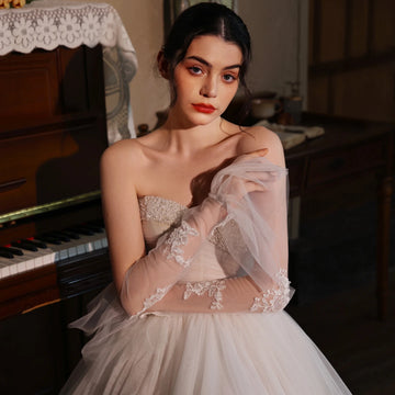 WG212 Elegant Lace Sleeve Covers for Bridal Gown Soft Tulle with Pleated Edges Perfect for Wedding Dresses And Formal Occasions