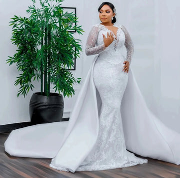 African Lace Mermaid Wedding Dress 2026 Removable Skirt Sheer O-neck Long Sleeves Beads Bridal Bride Grown Vestidos De Noiva