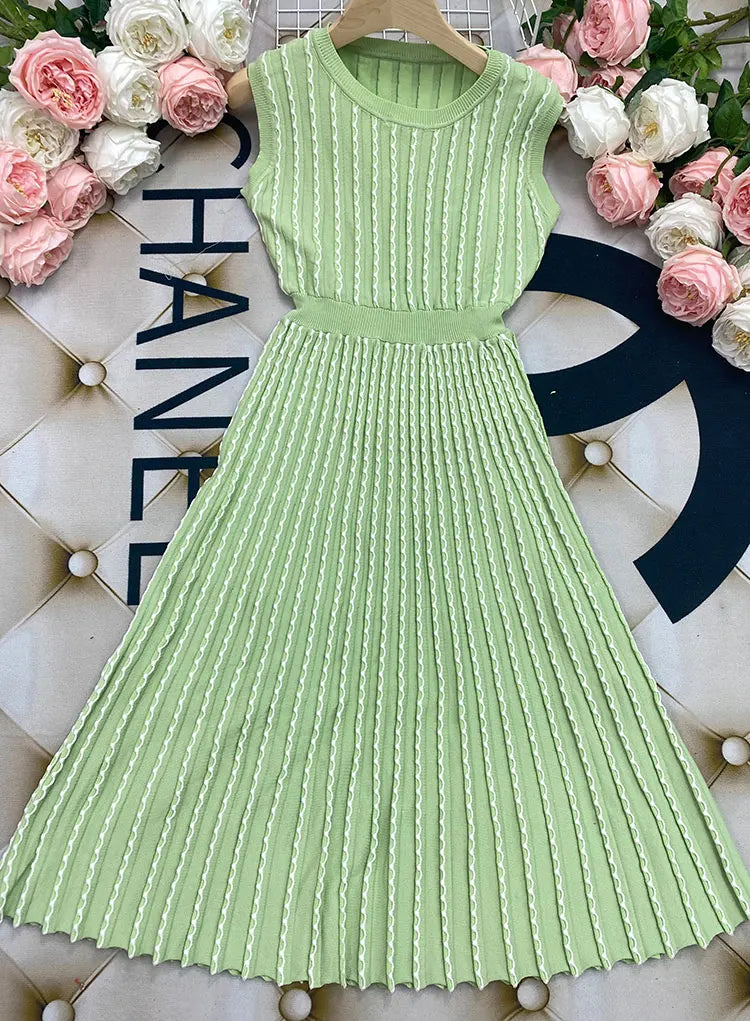 2024 Listing Elegant Striped Knit Dress Women O-neck Sleeveless A-line Dresses Club Evening Party Midi Vestido Light Green