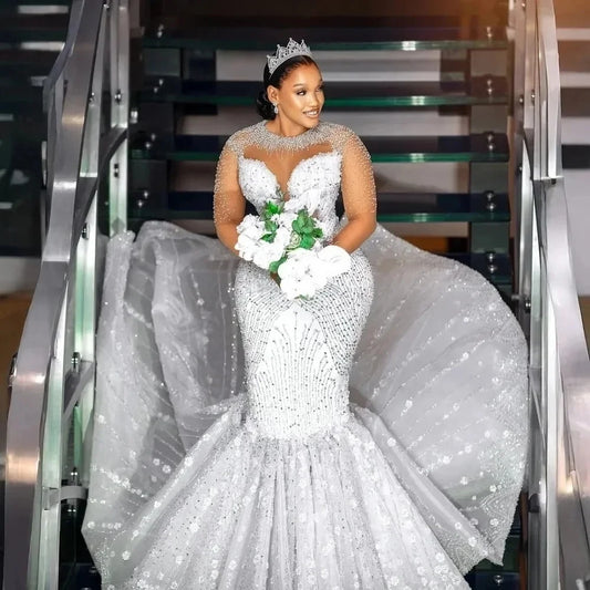 Luxury African Mermaid Wedding Dress 2026 O-neck Illusion Long Sleeves Beads Bridal Bride Grown Arabic Vestidos De Noiva