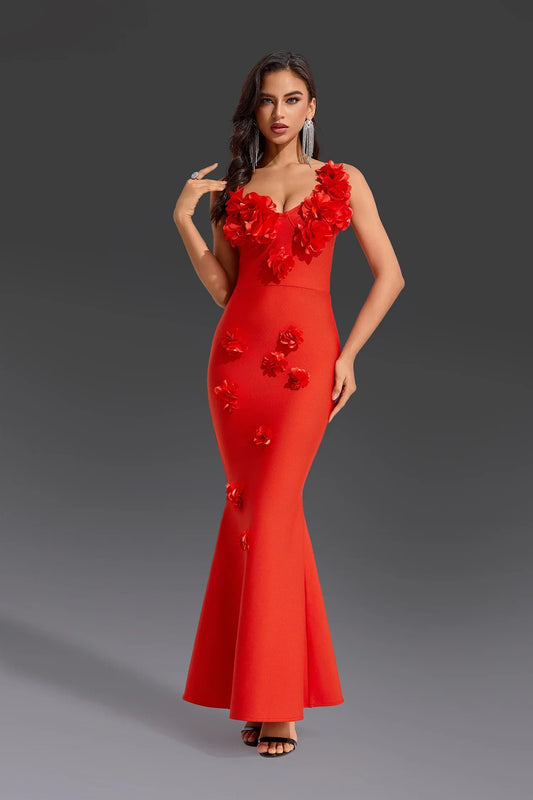 Red Color Women Sexy One Shoulder Florals Fashion Bodycon Long Bandage Dress Wedding Party Celebrate Birthday Cocktail Outfit
