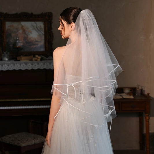 V522 Simple Satin Face Cover Bridal Veil Double Layer Bow Knot Ultra Fairy Wedding Dress Accessory